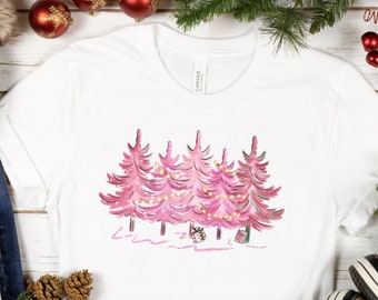 Pink Christmas Tree shirt, Womens Christmas tshirt, Christmas tee,  Holiday shirt for Women, Winter top, gift for her, xmas pajamas retro