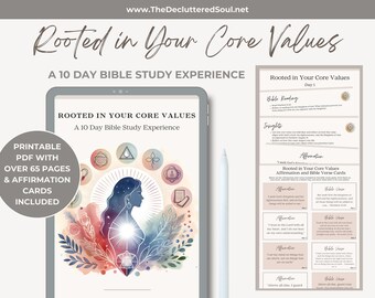 Core Values 10 Day Bible Study Printable Guide, Self-growth Digital Journaling planner, bible verse template, Challenging negative thoughts