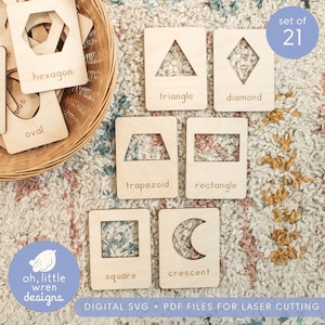 Tarjetas didácticas con formas de madera y plantillas de calco: Actividad de matemáticas Montessori • Archivo digital SVG, PDF para corte por láser