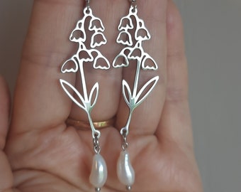 Boucles d'oreilles florales, Boucles d'oreilles muguet, Boucles d'oreilles en acier inoxydable et perles d'eau douce, Romantique, Femme, Elégant, Élégant, Tendance