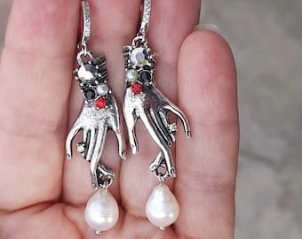 Victorian Jeweled Hand Earrings with Freshwater Pearl, Silver Fortune Teller