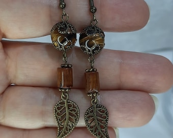 Tiger's Eye Earrings, Antique Bronze Earrings, Tiger's Eye Jewellery ,Boho Earrings, Long Dangle Earrings,