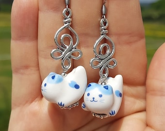 Cat Porcelain Ceramic Earrings , Gift for Cat Lovers, Unique Quirky Handmade Jewellery,