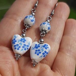 Porcelain Ceramic Heart Earrings , Blue Flower Earrings, Everyday Earrings ,Delft jewelry, Heart Earrings, Gift for Her, Gift for Girlfriend