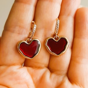 Red Heart Earrings, Gold Huggie Hoops Earrings, Dangle Earring, Valentine Day Gift For Her