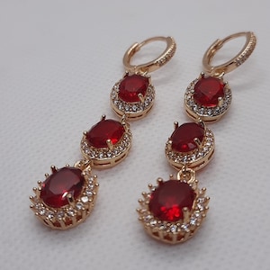 Red Earrings, Ruby Red CZ and Crystal Drop Earrings, Red Bridesmaids Earrings, Gift For Her, Red Drop Earrings, Mother&#39;s Day Gift, OOAK