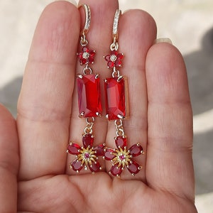 Red Flower Earrings, Red Ruby Dangling Earrings ,  Elegant Classic Bright Red Earrings, Gift for Her, Gift for Mom Trendy Statement Earrings