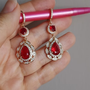 Red Earrings, Ruby Red CZ and Crystal Drop Earrings, Red Bridesmaids Earrings, Gift For Her,  Bridal Red Drop Earrings, Red Teardrop Jewelry