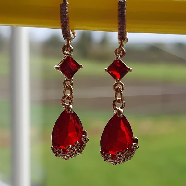 Red Earrings Red Dangly Earrings Gift for Her Sakura Red Earrings Crystal Cherry Blossom Earrings Japanese Earrings