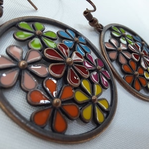 Copper Earrings,Copper Oil Drop Earrings, Antique Copper Flower Earrings,  Rustic Copper Earrings
