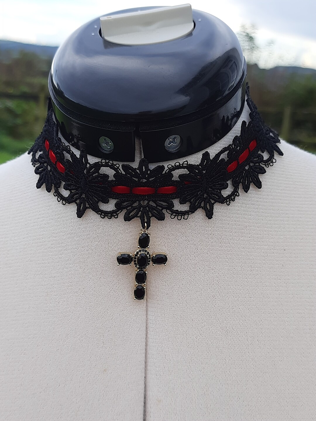 Black Lace Choker With Black Cross Pendant, Black Lace and Velvet ...