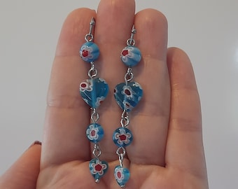 Blue Millefiori Earrings, Millefiori Heart Glass Bead Earrings, Stainless Steel Millefiori Earrings, Pretty, Floral, Gift for Her,