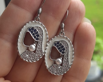 Vermeer Girl with Pearl Earrings, 14K Plated Blue Cubic Zirconia Dangle