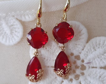 Boucles d'oreilles rouges, boucles d'oreilles pendantes rouges en forme de larme, boucles d'oreilles rouges sakura, cadeau pour elle, cadeau pour maman