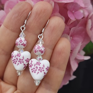Porcelain Ceramic Heart Earrings ,Flower Earrings, Everyday Earrings ,Delft jewelry, Heart Earrings