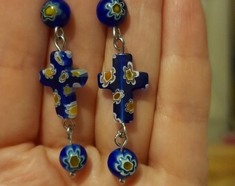 Blue Millefiori Earrings,  Cross Earrings, Murano Glass Earrings