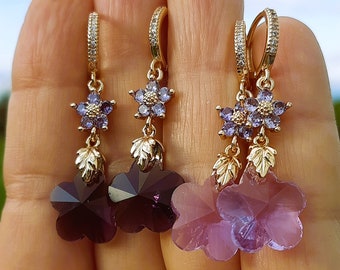 Purple Sakura Earrings, Cubic Zirconia  and Crystal Cherry Flower Drops, Gift for Girlfriend