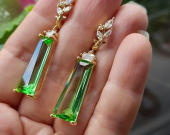 Peridot Green Crystal Earrings, Gold Plated CZ, Regency Style