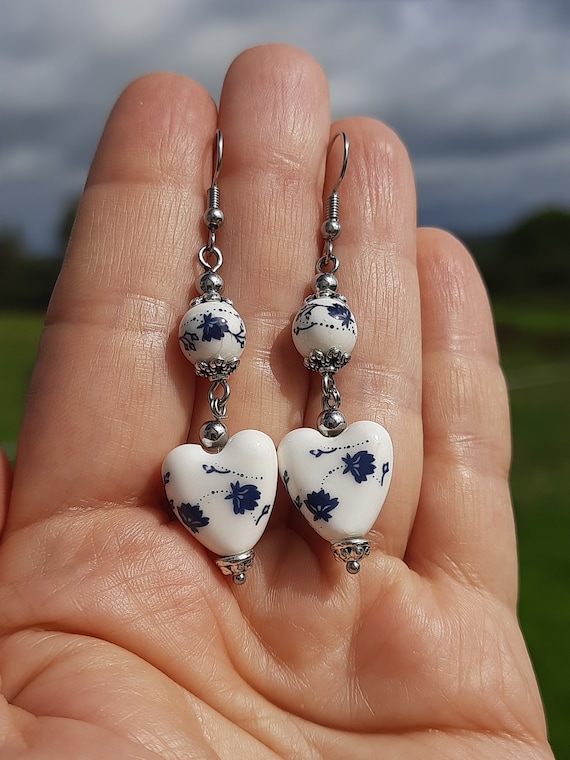 Porcelain Ceramic Heart Earrings, Everyday Flower Earrings ,Delft Jewelry