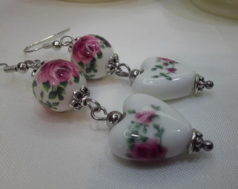 Ceramic Heart Bead Earrings, Porcelain earrings, Flower Earrings, Flower Dangle Earrings,  Gifts for Her, Rose Earrings