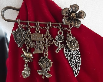 Handmade beaded kilt pin brooch with pretty charms ,  Bronze Brooch, Gift for Gardening Lover