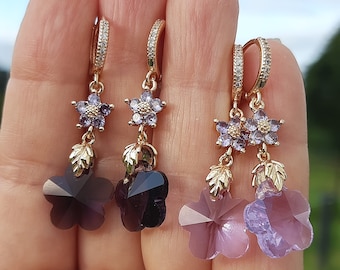 Purple Flower Earrings Micro Pave Huggee Hoops Earrings, Elegant, Stylish, Trendy, Romantic