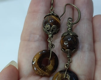 Tiger's Eye Earrings, Antique Bronze Earrings, Unique Earrings, Tiger's Eye Jewelry, Gift for Her