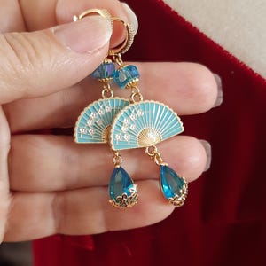 Light Blue Sakura Fan Earrings, Cherry Blossom, Japanese Style, Dainty Dangle Jewelry