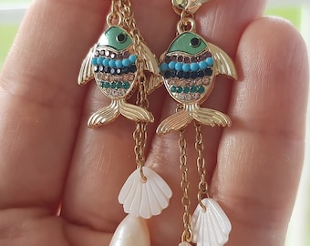 Sea Themed Earrings, Sea  Creature  Fish and Shell Earrings,Unique Sea Life Enamel Dangles, Ocean Life Earrings,  Freshwater Pearl Earrings