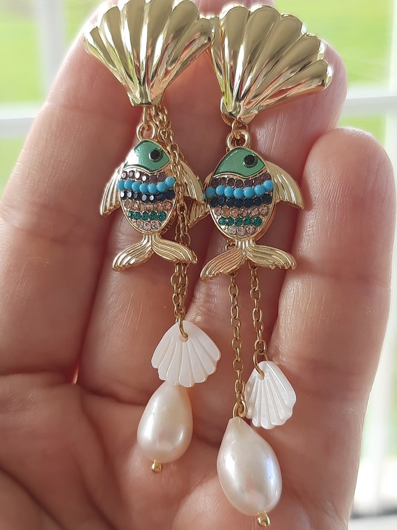Sea Themed Earrings, Sea Creature Shell Earrings,unique Sea Life Enamel  Dangles, Long Ocean Life Earrings, Gift for Her - Etsy