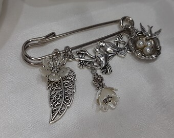 Kilt pin brooch with love birdies charm and a beautiful mix of tibetan silver charms, Spring Brooch, Nest, Birds and Flower Brooch