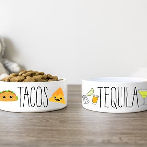 Funny Pet Bowl | Custom Dog and Cat Bowl | Tacos Tequila Food & Water Bowl | Pet Feeding Dish Set | Pet Lover Gifts | Cute Ceramic Dog Bowl