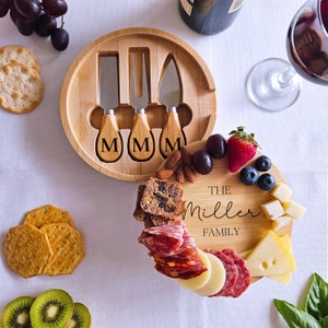 Custom Charcuterie Board | Personalized Mini Cheese Board | Engraved Cutting Board & Utensil Kitchen Set | Bamboo Cheeseboard with Cutlery
