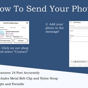 May include: A screenshot of a mobile phone showing instructions on how to send a photo to a shop owner. The instructions say to click on the shop and select "Contact" and then add a photo to the message. The shop is called ChicPrintsBoutique and has a 5-star rating.