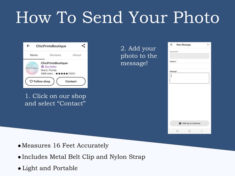 May include: A screenshot of a mobile phone showing instructions on how to send a photo to a shop owner. The instructions say to click on the shop and select "Contact" and then add a photo to the message. The shop is called ChicPrintsBoutique and has a 5-star rating.