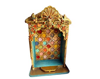 Ornate Gold & Turquoise Altar • Floral Carved Shrine • Spiritual or Religious Display Niche