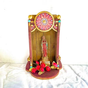 Rustic wooden Altar. brick mold altar. Virgin Mary shrine. southwestern. wall mount altars