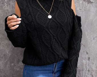 Black Turtleneck Open Shoulder Sweater