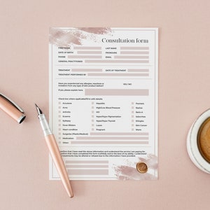 May include: A consultation form with a pink and white design. The form includes sections for personal information, treatment details, and medical history. The form also includes a section for the patient to indicate if they have any allergies or reactions to products.