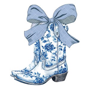Chinoiseries Cowgirl PNG en téléchargement numérique instantané, Coquette, bottes de cow-girl, bleu, noeud de Chinoiserie, tendance, T-shirt design, téléchargement immédiat