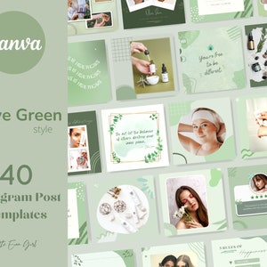 Puede incluir: Un conjunto de 40 plantillas de publicaciones de Instagram en un esquema de color verde oliva. Las plantillas presentan varios diseños con texto, imágenes y gráficos. El texto incluye frases como "Eres libre de ser diferente" y "5 reglas de la felicidad".