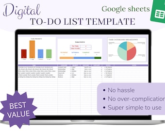 Könnte beinhalten: Ein Laptop-Bildschirm zeigt eine Google Sheets-Tabellenvorlage für eine To-Do-Liste. Die Tabelle enthält Abschnitte für die Priorität der Aufgaben, den Status der Aufgaben, die Aufschlüsselung der Aufgabenkategorien, das Fälligkeitsdatum, die verbleibenden Tage und Notizen. Der Text "Digital TO-DO LIST TEMPLATE" wird oben auf dem Bildschirm angezeigt. Der Text "Google Sheets" wird in der oberen rechten Ecke des Bildschirms angezeigt. Der Text "Best Value" wird in einer lilafarbenen Sternform in der unteren linken Ecke des Bildschirms angezeigt. Der Text "No hassle", "No over-complication" und "Super simple to use" wird in einem lilafarbenen Feld in der unteren rechten Ecke des Bildschirms angezeigt.