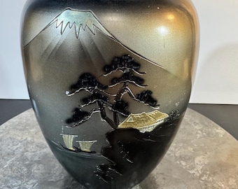 Vintage Japanese Etched Brass Bronze Bud Vases: Pagoda and Mount Fuji Scene