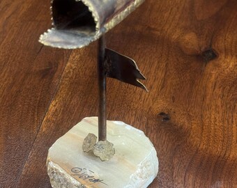 Vintage Mid-Century Modern Brutalist mailbox sculpture on onyx base by artist John DeMott, 1970s