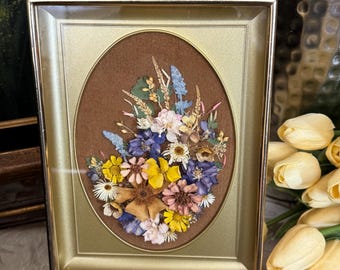 Vintage Mid-Century Handmade Dried Pressed Floral Bouquet Framed Art shadowbox