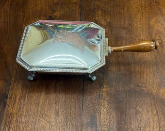 Vintage Bread Crumb Catcher, Silent Butler, Ash tray, Silver-Plated Footed, wood handle, hinged lid