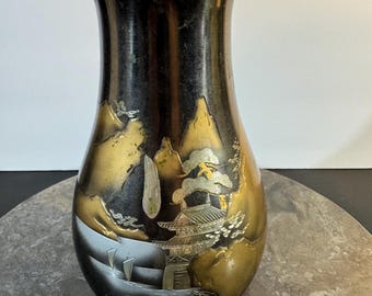 Vintage Japanese Etched Brass Bronze Bud Vases: Pagoda Mountain Scene