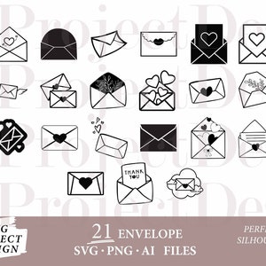 Paquete svg de 21 sobres, clipart de sobres, vector de sobres, correo svg, carta svg, correo png, carta de amor svg, carta de agradecimiento svg