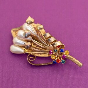 Vintage Blumenstrauß Multicolor Strass Gold Ton Brosche - Q6