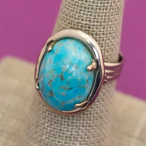 Vintage Boho Turquoise Stone Silver Tone Adjustable Ring - Q2